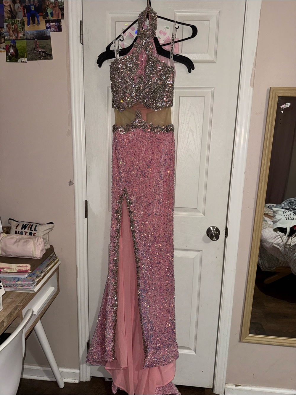Portia and Scarlett Pink Sequin Halter Gown with Beaded Waist